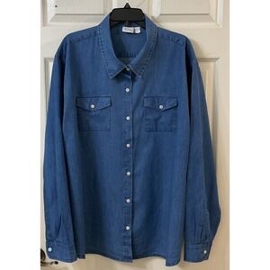 VERMONT COUNTRY STORE Wmns 3X Lightweight Denim Button Front Long Slv Collar EUC